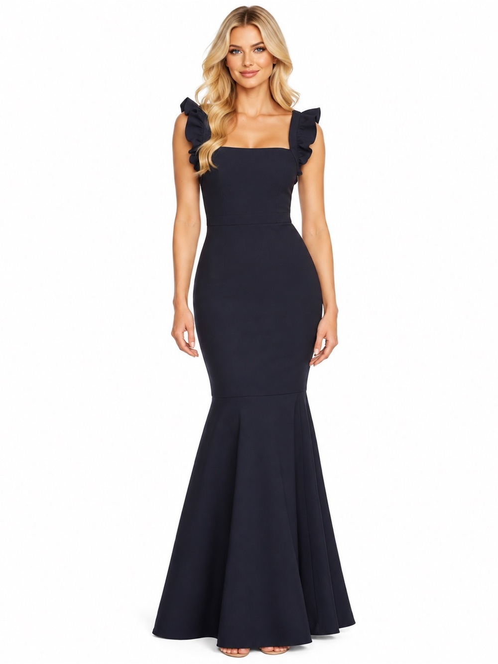 Likely Hara Navy Ruffle-Shoulder Open Back Mermaid Maxi Dress Size 4 BNWOT